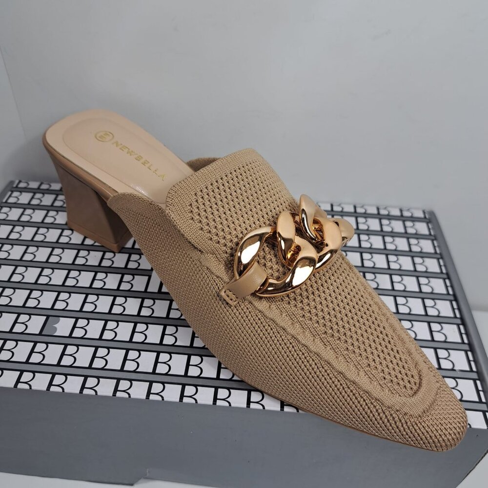 NIB Mules Shoes Newbella Mousse Beige‎ Heeled Mules Knit Pointed Toe Size 8